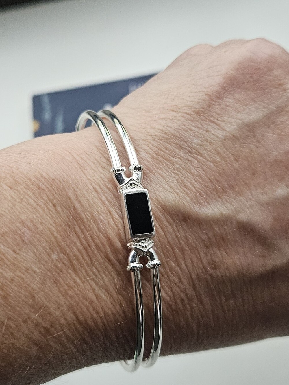 Sterling Silver 925 Double Wire Bangle Bracelet Black Onyx Inlay